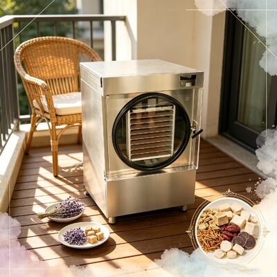 20 đến 25kg Capacity Home Freeze Dryer Featuring SUS304 Stainless Steel Shell and Two Stage Baosi Vacuum Pump for Food Preservation Máy sấy đông tại nhà với vỏ thép không gỉ SUS304 và máy bơm chân không Baosi hai giai đoạn để bảo quản thực phẩm